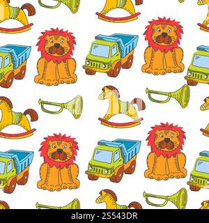 Kinderspielzeug und Kinderspielzeug-Kollektion für Mädchen und Jungen im Kindergarten mit nahtlosem Muster. Vektor isolierte Symbole von Ball, Puppe oder Auto und Bär Stockfoto