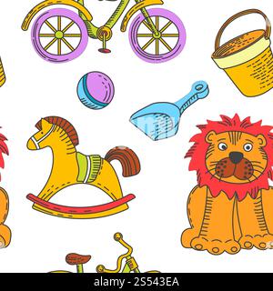 Kinderspielzeug und Kinderspielzeug-Kollektion für Mädchen und Jungen im Kindergarten mit nahtlosem Muster. Vektor isolierte Symbole von Ball, Puppe oder Auto und Bär Stockfoto