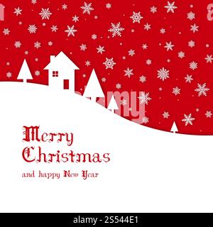 Fröhliche Weihnachtskarte mit einem Haus unter Schneeflocken. Kinderkarte „Merry Christmas“ Stockfoto