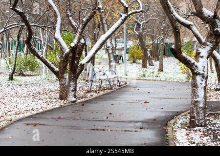 Der erste Schnee auf der Werkbank und Rasen und nassen Weg im Stadtpark im Herbst Tag Stockfoto