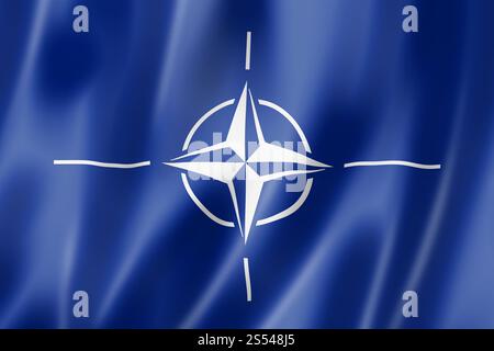 Nato-Organisation wehende Flagge. 3D-Darstellung Stockfoto