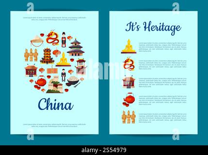 Vektor flache Stil china Elemente und Sehenswürdigkeiten Karte, Flyer oder Broschürenvorlage für Tour Agentur oder chinesische Sprachkurse Illustration. Vektor china-Elemente Stock Vektor