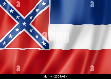 Mississippi-Flagge, us-amerikanische Bannersammlung. 3D-Abbildung. Mississippi-Flagge, USA Stockfoto