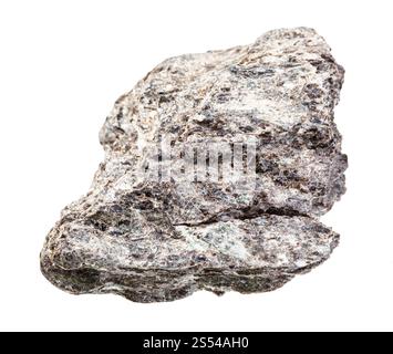 Nahaufnahme einer Probe von natürlichem Mineral aus geologischer Sammlung - grobes Quarz-Biotit-Schiefergestein isoliert auf weißem Hintergrund. Grober Quarzbiotit Stockfoto