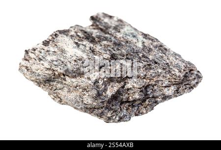 Nahaufnahme der Probe von natürlichem Mineral aus geologischer Sammlung - roher Quarzbiotitschiefergestein isoliert auf weißem Hintergrund. Roher Quarzbiotit Stockfoto