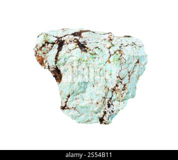 Nahaufnahme der Probe des natürlichen Minerals aus der geologischen Sammlung - unpolierter türkisfarbener Stein isoliert auf weißem Hintergrund. Unpolierter türkisfarbener Stein Stockfoto