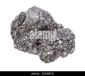 Nahaufnahme der Probe des natürlichen Minerals aus der geologischen Sammlung - Rohgraphitgestein isoliert auf weißem Hintergrund. Roher Graphitgestein isoliert auf weiß Stockfoto