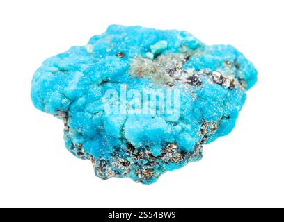 Nahaufnahme der Probe des natürlichen Minerals aus der geologischen Sammlung - rauer blauer türkisfarbener Felsen isoliert auf weißem Hintergrund. Rauer blauer türkisfarbener Felsen Stockfoto