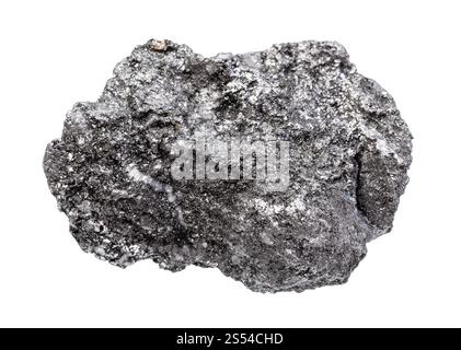 Nahaufnahme der Probe des natürlichen Minerals aus der geologischen Sammlung - raues Graphitgestein isoliert auf weißem Hintergrund. Raues Graphitgestein isoliert auf Stockfoto