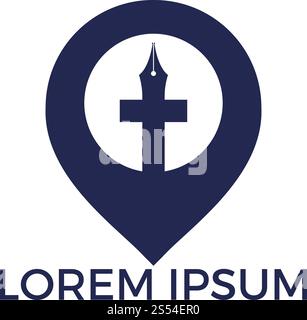 Logodesign für Kirche und Kartenzeiger. Kirche und gps-Ortungssymbol oder -Symbol. Stock Vektor