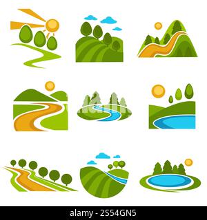Vorlagen für Naturlandschaften-Logos für umweltfreundliche Umwelt oder Landschaftsgestaltung, Gartenbau oder Reiseunternehmen. Vektor isolierte Etiketten von Waldbäumen, Fluss im Tal und Sonne oder Bergen. Landschaftsdesign-Unternehmen Vetor grüne Bäume Natursymbole gesetzt Stock Vektor