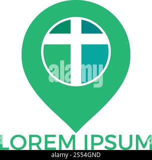 Logodesign für Kirche und Kartenzeiger. Kirche und gps-Ortungssymbol oder -Symbol. Stock Vektor