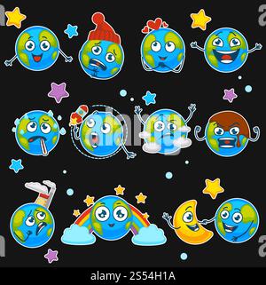 Comic-Emoji Lächeln von Planeten lustigen Emoticons mit verschiedenen Ausdrücken. Vektor isolierte Symbole Set aus Erde glücklich, traurig oder krank und lächelnd oder lachend, spielend mit Rakete und Mond oder Regenbogen. Erde Emoji Lächeln von Planet Comic Emoticons mit verschiedenen Ausdrücken Vektor isoalted Icons gesetzt Stock Vektor