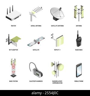 Digitale Kommunikations- und drahtlose Verbindungsgeräte für die Internet- und Multimedia-Datenübertragung. Vektorisolierte Symbole für Satellitenantenne, wlan-Router oder Modem und bluetooth-Headset des Smartphones. Digitale Kommunikation und Verbindung Moderne Geräte vektorisolierte Symbole Stock Vektor