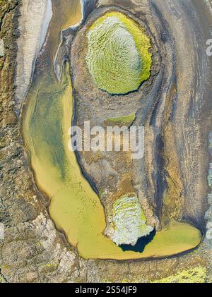 Aus der Vogelperspektive auf ein pulsierendes geothermisches Gebiet in Island mit farbenfrohen Minerallagerstätten und auffälligen Mustern, die vulkanische und geothermische Aktivität zeigen Stockfoto