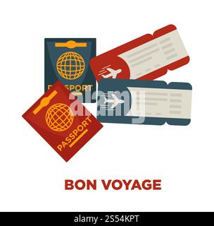 Bon Voyage Werbeplakat mit internationalen Pässen und Tickets für Flug isolierte Zeichentrickfilm flache Vektor-Illustration auf weißem Hintergrund. Notwendige Dokumente, um in den Urlaub ins Ausland zu kommen. Bon Voyage Werbeplakat mit internationalen Pässen und Tickets Stock Vektor