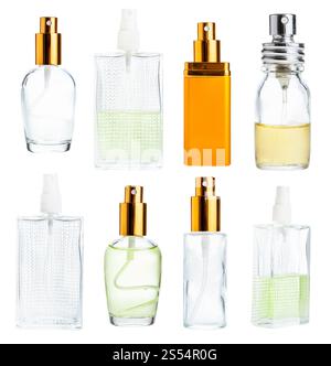 Set aus verschiedenen Glasfläschchen mit Parfüm-Sprühglas isoliert auf weißem Hintergrund. Set aus verschiedenen Glasfläschchen mit Parfümspray isoliert Stockfoto