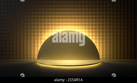 3D-Wiedergabe einer runden goldenen Bühne, eines Podiums oder Podest in einem schwarzen Raum mit goldenem Licht. Perfekte Illustration zum Platzieren des Produkts eines Gegenstands Stockfoto