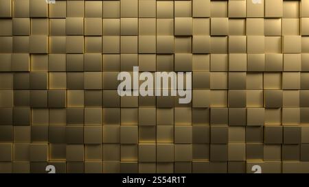 3D-Rendering von goldenen Metallwürfeln oder Fliesen an der Wand. Perfekte Illustration zum Platzieren von Text oder Objekt. Luxuriöse Kulisse mit Copyspace Stockfoto