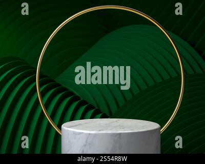 Runde Marmorbühne, Podium oder Sockel mit goldenem Ring auf grünem welligen Hintergrund. 3D-Rendering. Hintergrund oder Modell für Kosmetik oder Mode. Verwenden Sie für Stockfoto