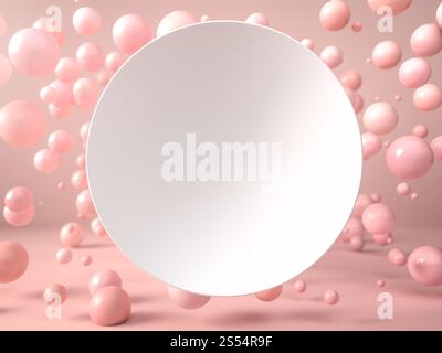Weiße leere runde Platte oder Rahmen mit über rosa Kugeln und Blasen auf rosa Hintergrund. Perfektes Bild zum Platzieren von Text oder Design. Verwenden Sie für Stockfoto