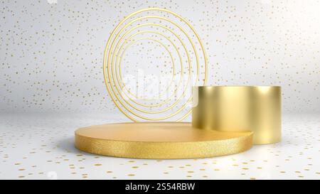 Abstrakte minimalistische Szene mit goldenem Podium, Bühne oder Podest mit goldenen Ringen in weißem Studio. Perfektes Image für Mode, Kleidung oder Kosmetik. Stockfoto