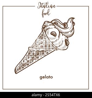 Eisskizze Icon für die Gestaltung von Speisekarten für italienische Speisen. Vektorskizze von Italien traditionelles Eis Eis Dessert in Waffelkegel für Cafeteria und Restaurant oder Fast Food Café Mahlzeiten. Eis Eis Waffel Kegel Skizze Vektor Symbol für italienische Gelateria Dessert Küche Essen Menü Design Stock Vektor