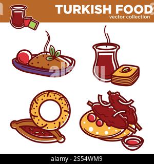Türkische Essensvektorkollektion mit köstlichen warmen Gerichten. Reis mit Gewürzen, süße Baklava und Tee, traditionelle Backwaren und Fleisch auf Spieß mit Pita Brot isolierte Karikaturvektorillustrationen. Türkische Essensvektorkollektion mit köstlichen warmen Gerichten Stock Vektor