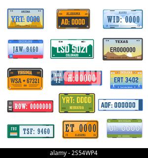 Sammlung der Kennzeichen des Fahrzeugs aus verschiedenen Ländern. Vektor-isolierte Symbole Satz des Kfz-Nummernschilds aus Amerika mit dem Namen des Bundesstaates und den Flaggen. Vektorsymbole für die Sammlung von Kfz-Nummernschildern mit verschiedenen Landesflaggen Stock Vektor