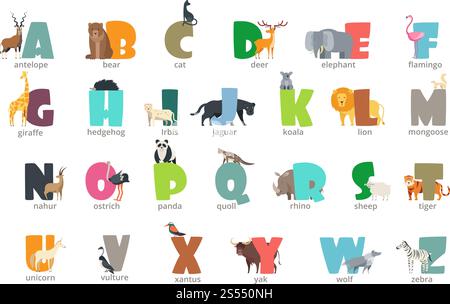 Zeichentrickfilm Wildtiere Kinder Alphabet für Kinder, die englisch lernen. Hintergrund für Bildungsvektoren. ABC-Buchstaben Tierwelt, Giraffen und Igel, Flamingo und Elefanten Illustration. Zeichentrickfilm Wildtiere Kinder Alphabet für Kinder, die englisch lernen. Hintergrund für Bildungsvektoren Stock Vektor