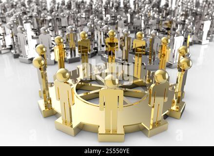 Modell von 3d Figuren auf verbundenen Zahnräder als Leadership-Konzept Stockfoto