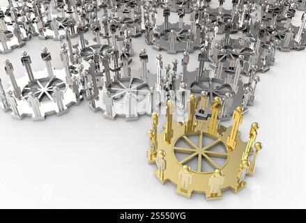 Modell von 3d Figuren auf verbundenen Zahnräder als Leadership-Konzept Stockfoto