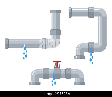 Undichte Wasserleitungen. Gebrochene Stahl- und Kunststoffleitung mit Leckage, undichtes Ventil, tropfende Armaturen Vektorsatz. Abbildung: Rohrleitungen, Rohrundichtigkeit, unterbrochene Abbildung. Undichte Wasserleitungen. Gebrochene Stahl- und Kunststoffleitung mit Leckage, undichtes Ventil, tropfende Armaturen Vektorsatz Stock Vektor