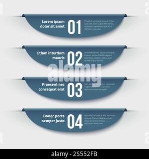 Infografik-Banner. Farbige 3D-Etiketten mit Schritten und Optionen. Infografik für Layout und Präsentation. Vektorsatz mit nummerierten Schritten, Darstellung von Infografiken. Infografik-Banner. Farbige 3D-Etiketten mit Schritten und Optionen. Infografik für Layout und Präsentation. Vektorsatz Stock Vektor