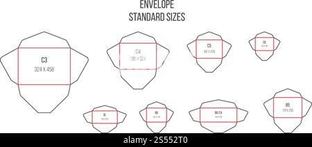 Umschlagstandards. Standardformate Letter. Druckausschnittvektor isolierte Vorlage. Abbildung: Umschlag-Layout-Paket, ungewickelte Post c4 und c6. Umschlagstandards. Standardformate Letter. Druckausschnittvektor isolierte Vorlage Stock Vektor
