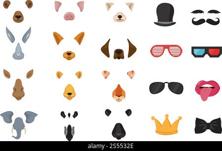 Lustige Tiergesichter, Zeichentrickmasken, Fotofilter für Telefon Video Katze Anwendung Vektorsatz. Fotomaske App, Anwendung Tiergesicht Illustration. Lustige Tiergesichter, Zeichentrickmasken, Fotofilter für Telefon Video Katze Anwendung Vektorsatz Stock Vektor