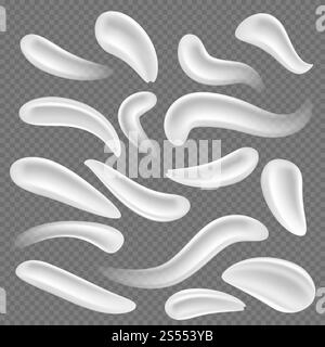 Kosmetische weiße Körpercremeabstriche. Gelspritzer, Schaumtropfen, Milchschaum-Vektor-Set isoliert. Cremige Abstrichpflege, Schaum und Mousse, Schönheit flüssige Illustration. Kosmetische weiße Körpercremeabstriche. Gelspritzer, Schaumtropfen, Milchschaum-Vektor-Set isoliert Stock Vektor