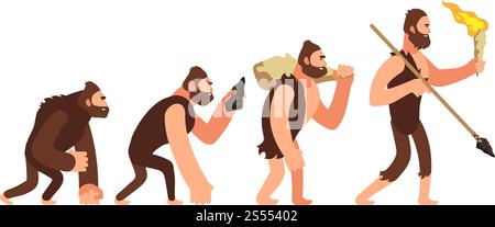 Theorie der menschlichen Evolution. Entwicklungsstadien des Menschen. Anthropologische Vektorillustration. Evolution Mensch, Entwicklungsfortschritt Menschen. Theorie der menschlichen Evolution. Entwicklungsstadien des Menschen. Anthropologische Vektorillustration Stock Vektor