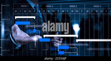 Projekt Manager arbeiten und Aufgaben mit Meilensteinen Fortschritt Planung und Gantt Chart Scheduling Diagramm aktualisieren. Geschäftsmann wird das Arbeiten mit einem digitalen Stockfoto