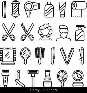 Friseursalon-Symbole. Schöne Frisur und Haarschnitt Vektorlinien Symbole. Beleuchtung der Ausrüstung Friseur Shampoo und Kamm, Bürste und Schere Umriss. Friseursalon-Symbole. Schöne Frisur und Haarschnitt Vektorlinien Symbole Stock Vektor