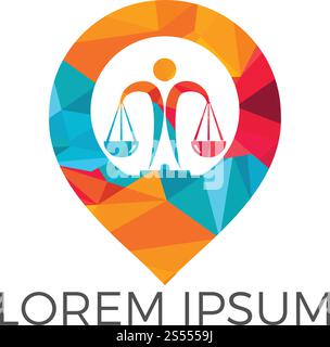 Libra und MAP Pointer-Logo. Einzigartige Design-Vorlage für Gesetz und PIN-Logotyp. Stock Vektor