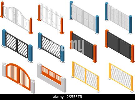 Isometrische Zäune und Tore. Umzäunungen auf ländlichen Bauernhöfen. 3D-Vektorsatz. Abbildung: Wanddekoration für Bauzwecke, Außenbarriere. Isometrische Zäune und Tore. Umzäunungen auf ländlichen Bauernhöfen. 3D-Vektorsatz Stock Vektor