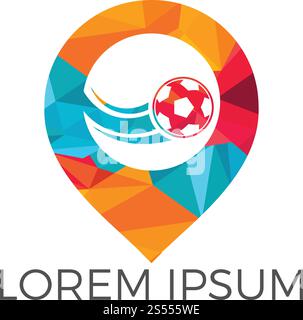 Fußball- und Kartenzeiger-Logo. Kugel- und gps-Ortungssymbol oder -Symbol. Einzigartige Design-Vorlage für Fußball- und Pin-Logos. Stock Vektor