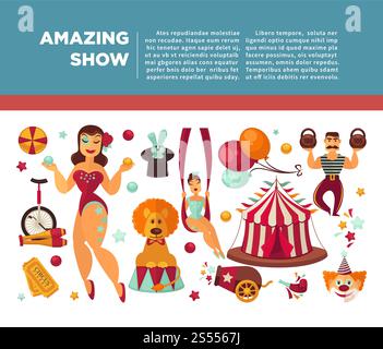 Fantastisches Poster für Zirkus-Promo mit Teilnehmern der Show und Ausrüstung. Weiblicher Jongleur und akrobat, männlicher Gewichtheber, lustiger Clown, Kaninchen im Kopf, ausgebildeter Löwe und gestreifte Zelt Vektorillustrationen. Fantastisches Poster für Zirkus-Promo mit Teilnehmern der Show und Ausrüstung. Stock Vektor