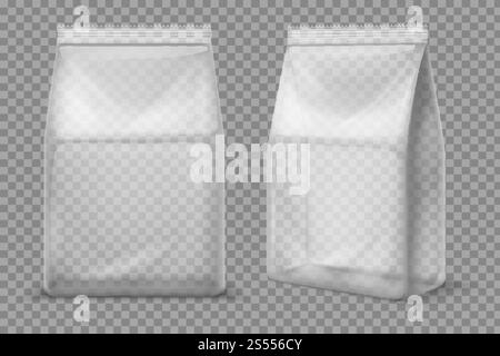 Snackbeutel aus Kunststoff. Transparenter Lebensmittelbeutel. Isoliertes Modell mit 3D-Vektorgehäuse. Illustration Sammlung des Beutels, leere Packung, Kunststoffverpackung für Lebensmittel. Snackbeutel aus Kunststoff. Transparenter Lebensmittelbeutel. Isoliertes Modell mit 3D-Vektorgehäuse Stock Vektor