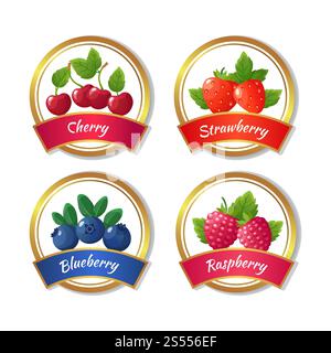 Etiketten für Beerenmarmelade und Marmelade. Frische Sommerfrüchte Aufkleber Vektorvorlage. Natürliche Marmelade Emblem Erdbeere und Himbeere Illustration. Etiketten für Beerenmarmelade und Marmelade. Frische Sommerfrüchte Aufkleber Vektorvorlage Stock Vektor