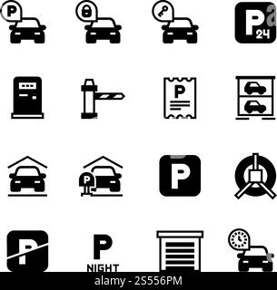 Vektorsymbole zum Parken von Fahrzeugen. Symbole der Parkzone isoliert. Abbildung: Parkzone und -Fläche, Platz für das Auto. Vektorsymbole zum Parken von Fahrzeugen. Symbole der Parkzone isoliert Stock Vektor