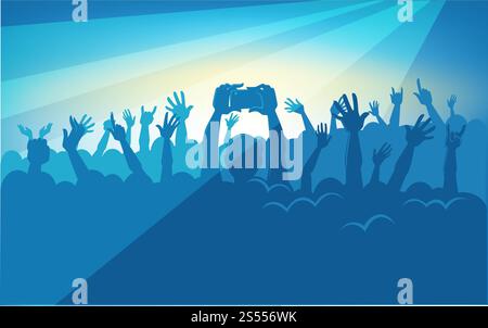 Menschliche Silhouetten in massiver Menge mit erhobenen Händen, die moderne Geräte in bunten Neonstrahlern an der Konzert-Cartoon-flachen Vektor-Illustration halten. Die Leute haben Spaß bei der Musikvorführung. Menschliche Silhouetten in massiver Menge mit erhobenen Händen, die moderne Geräte in bunten Neonstrahlern an der Konzert-Cartoon-flachen Vektor-Illustration halten Stock Vektor