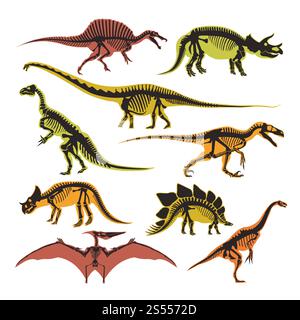 Dinosaurier Skelette und Silhouetten Vektor flache isolierte Ikonen. Jurassische Fossilien von T Rex tyrannosaurus, Pterodactyl und Brontosaurus für die archäologische Museumsgestaltung von Dinosauriern. Dinosaurier Skelette und Silhouetten Vektor flache isolierte Ikonen von tyrannosaurus, Pterodactyl und Brontosaurus Stock Vektor