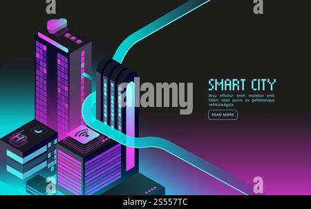 Intelligentes Gebäude. Intelligente Häuser in der Nachtstadt. Augmented Reality 3D isometrisches abstraktes futuristisches Vektorkonzept. Illustration des Stadthauses, Stadtperspektive futuristisch. Intelligentes Gebäude. Intelligente Häuser in der Nachtstadt. Augmented Reality 3D isometrisches abstraktes futuristisches Vektorkonzept Stock Vektor